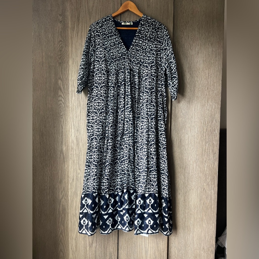 Dolma navy and White Printed V-Neck cotton Dress